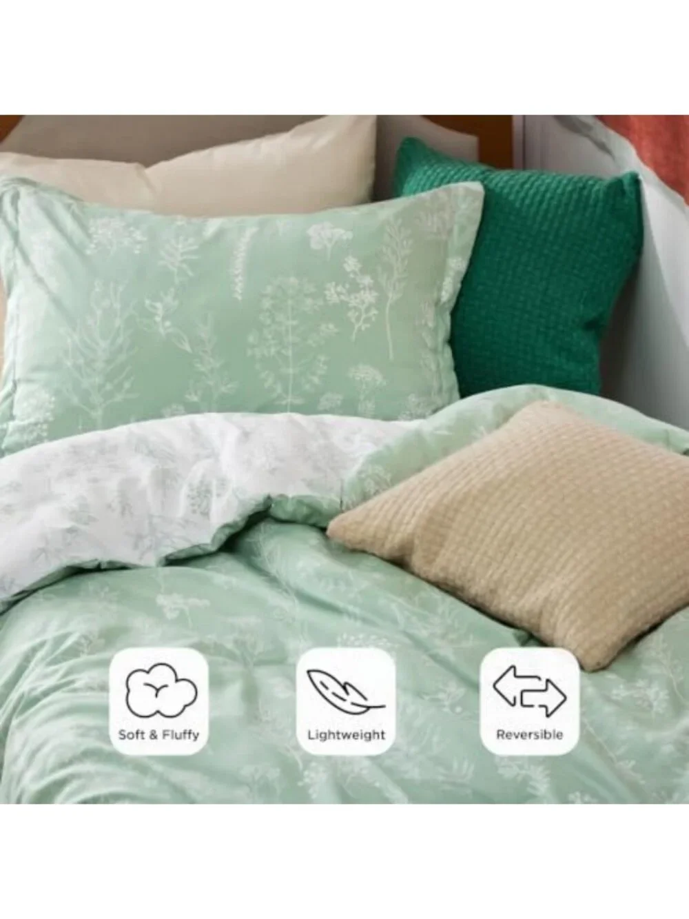 Reversible Sage Green Twin XL Comforter Set - Soft Floral Bedding & 2 Shams